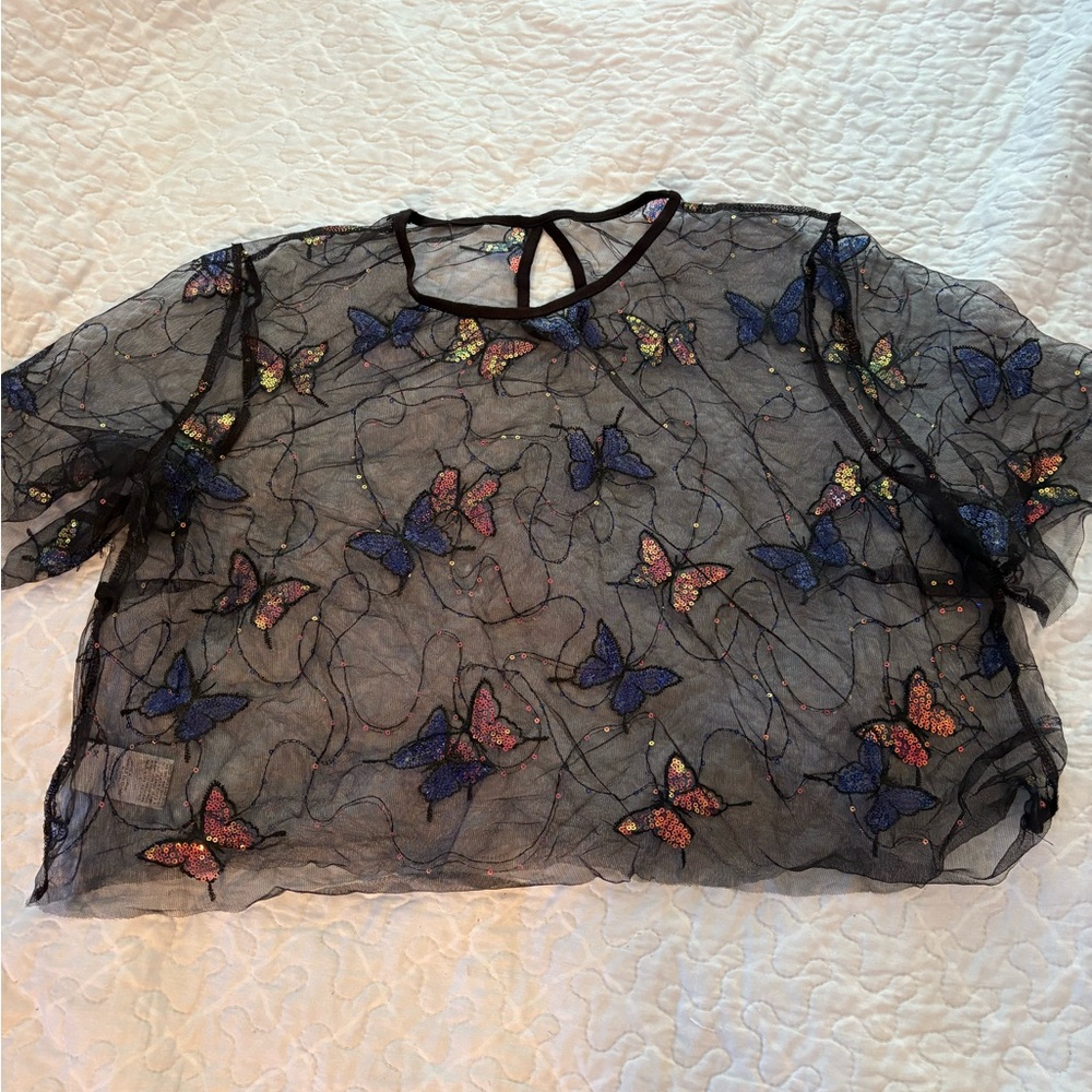 SHEIN Black Sheer Top with Colorful Butterfly Embroidery